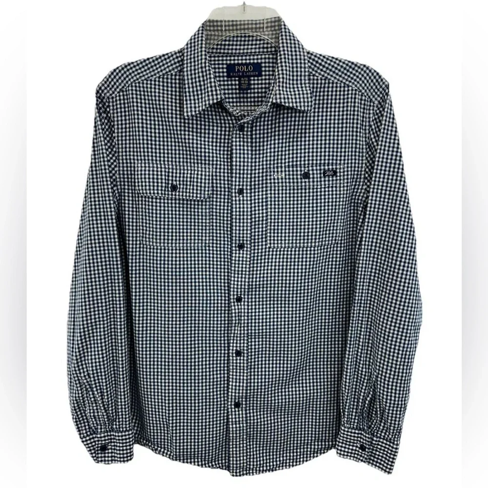Polo Ralph Lauren Boys Button Down Shirt XL 18-20 Dark Blue White Check Cotton
